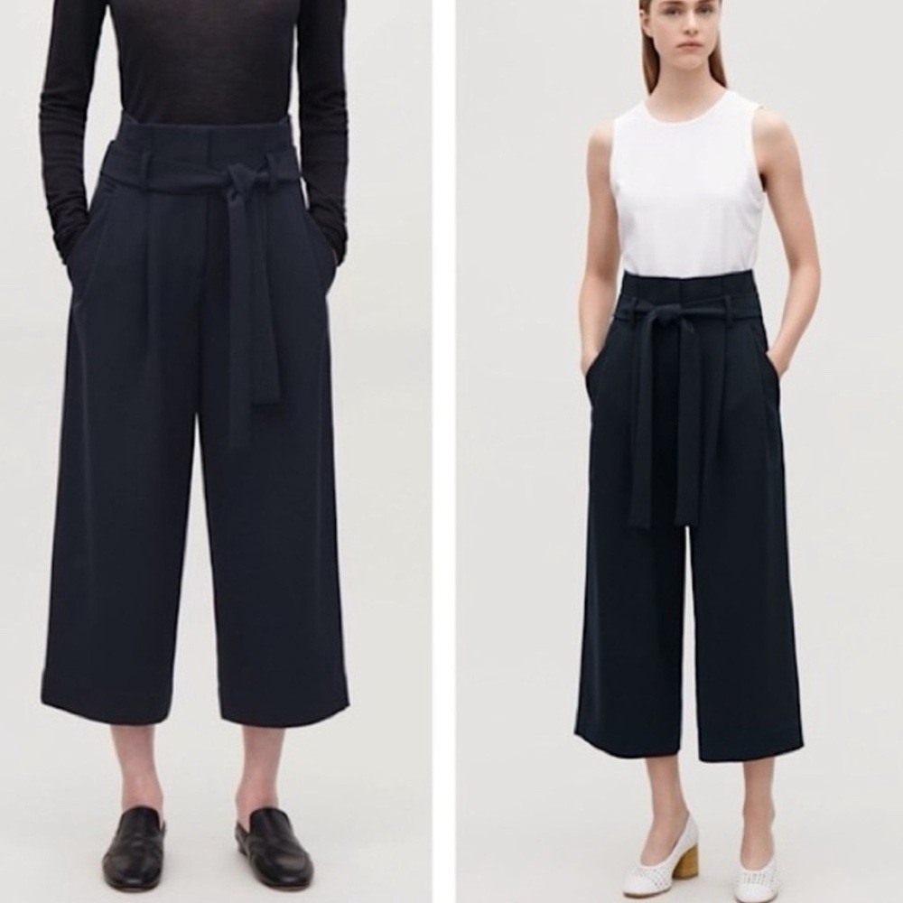 COS - NWOT women’s ultra high-rise belted paper bag wide leg cropped navy blue 4 - Picture 2 of 8